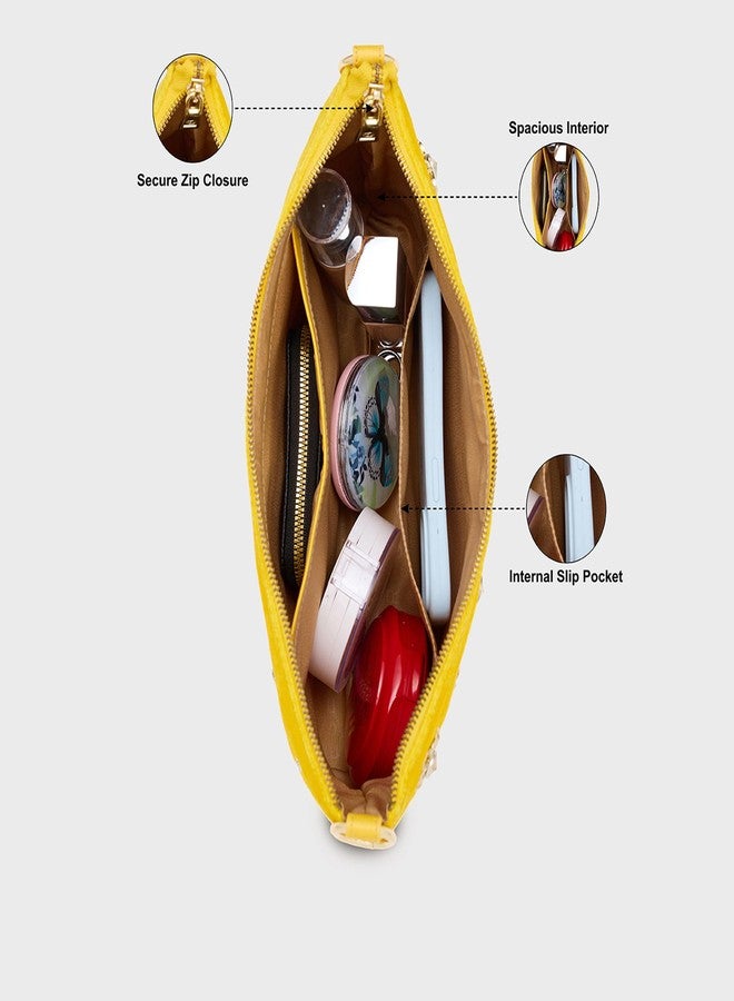 كابريس حقيبة كابريس سافاير الصغيرة للنساء | حقيبة كتف مخملية مطرزة مزينة بأزهار معدنية وسلسلة قابلة للفصل | مثالية للمناسبات الاحتفالية (أصفر) - Image 4